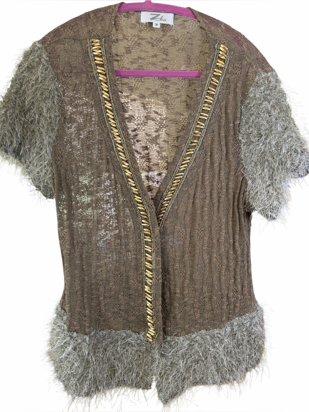 Zba sweater cardigan eyelash fringe sparkle threads snaps medium